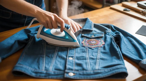 Iron on patches australia — applying a custom embroidered iron on patch to a denim jacket.