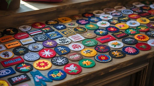Where to buy iron on patches in Australia — display of embroidered patches.
