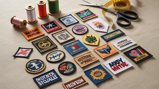 Different types of sew on patches placed on a plain surface with thread and scissor.