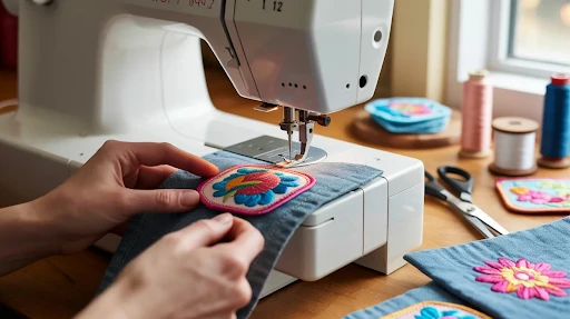 Sewing on patches with a sewing machine.