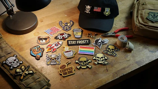 Custom morale patches placed on a wooden table with a cap and a backpack.