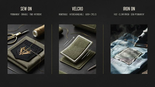 Comparison of iron-on, velcro, and sew-on patches.
