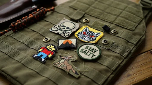 Morale patches attached to a tactical vest.