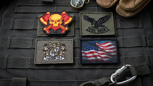 Different types of morale patches attached to a military vest.