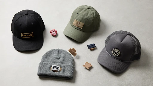 Velcro patches attached to caps and beanie. 