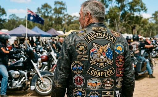 An Aussie Biker wearing his leather biker jacket with motorcycle patches attached on it.
