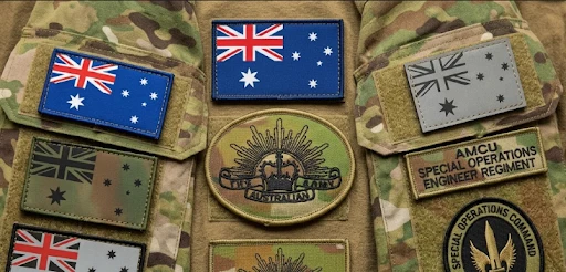 Custom Velcro AMCU military patches on a military uniform.