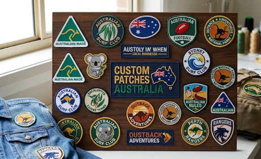 Custom patches Australia attached on a wooden display board.
