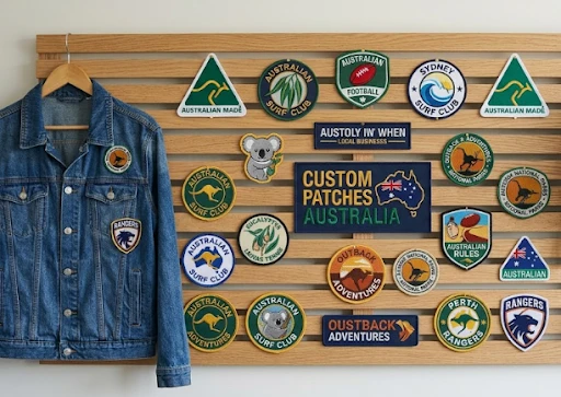Custom patches displayed on a wall display frame.
