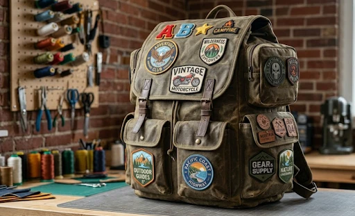 Tactical bag with custom patches attached to it in a customisation facility.
