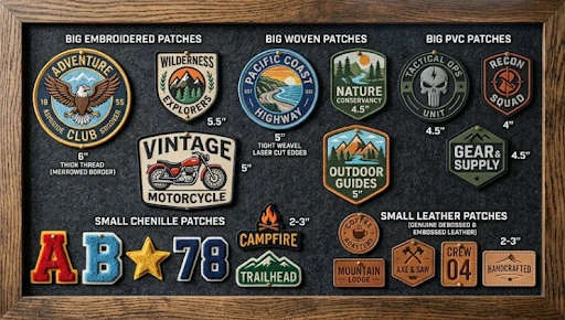 Wooden display board with popular custom patch types attached.