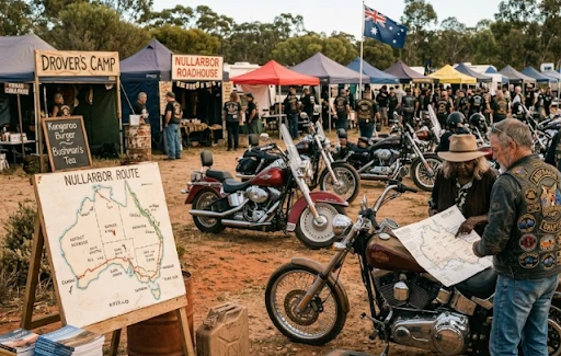 Australian motorcycle club event with members socialising and wearing club’s embroidered motorcycle patches on their jackets and vests.