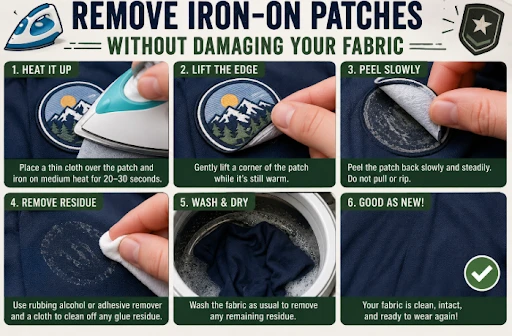 Step-by-step process of removing iron-on patches safely shown in the infographics.