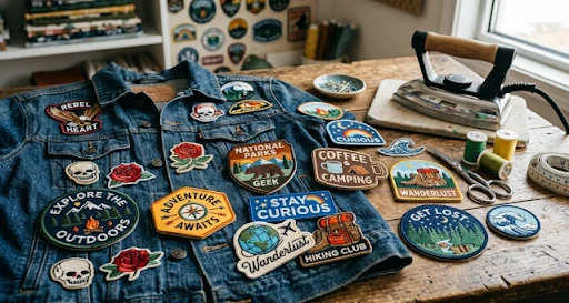 Denim jacket with iron-on patches lying on a wooden table along with a pressing iron, thread rolls, and a measuring tape.