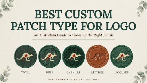 Five custom made patches of the same design in different styles.